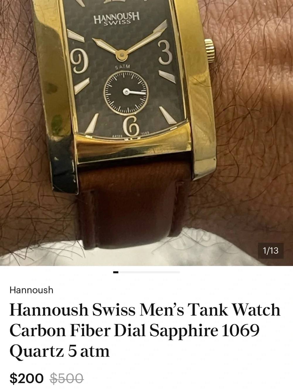Hannoush Swiss Men's Tank Watch Carbon Fiber Dial Gold Tone Quartz 1069 5ATM